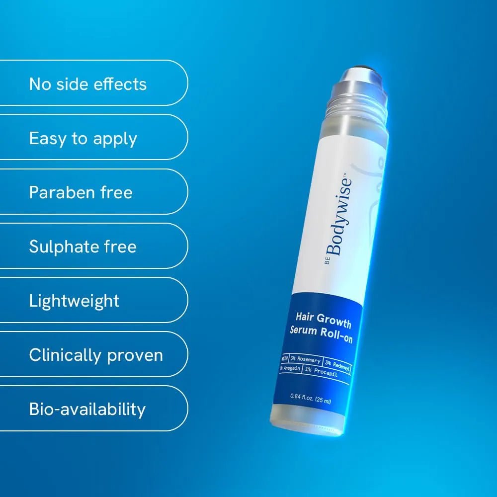 Be Bodywise Rosemary Hair Growth Serum Roll On 25 ml – 3% Rosemary, 3% Redensyl & 2% Anagain | DHT - Blocking Scalp Serum Boosts Oxygen Flow, Reduces Hair Fall | Paraben/Sulfate - Free | Women & Men - Pureveil
