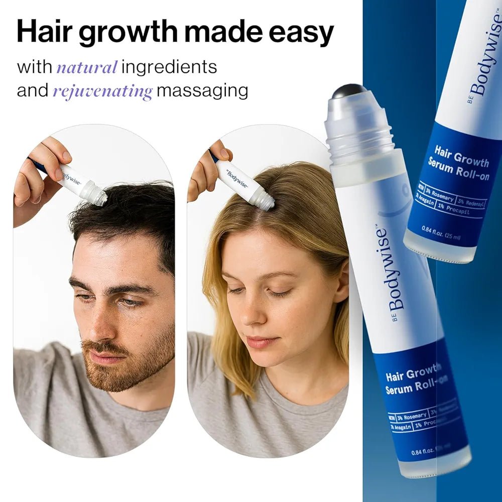 Be Bodywise Rosemary Hair Growth Serum Roll On 25 ml – 3% Rosemary, 3% Redensyl & 2% Anagain | DHT - Blocking Scalp Serum Boosts Oxygen Flow, Reduces Hair Fall | Paraben/Sulfate - Free | Women & Men - Pureveil